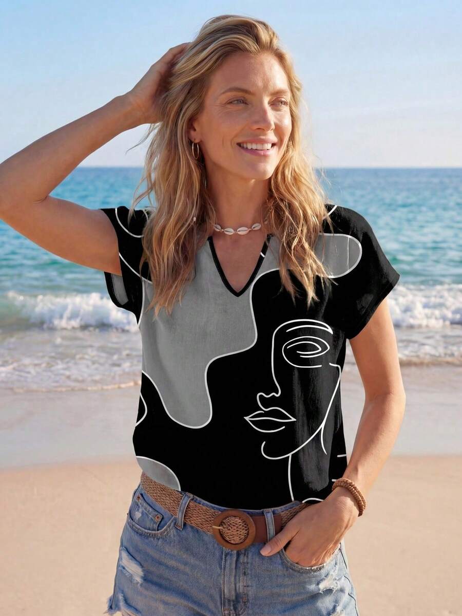 Blusa gráfica casual y linda de color amarillo para mujer, adecuada para blusas elegantes de verano y vacaciones - Negro - Ver 1