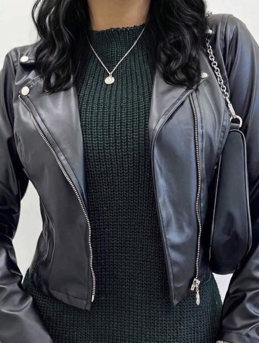 Stylish Women's Leather Jacket - Black - View 1