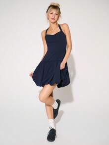 2026 Vestido corto de cuello halter con bajo abullonado - Negro - Ver 1