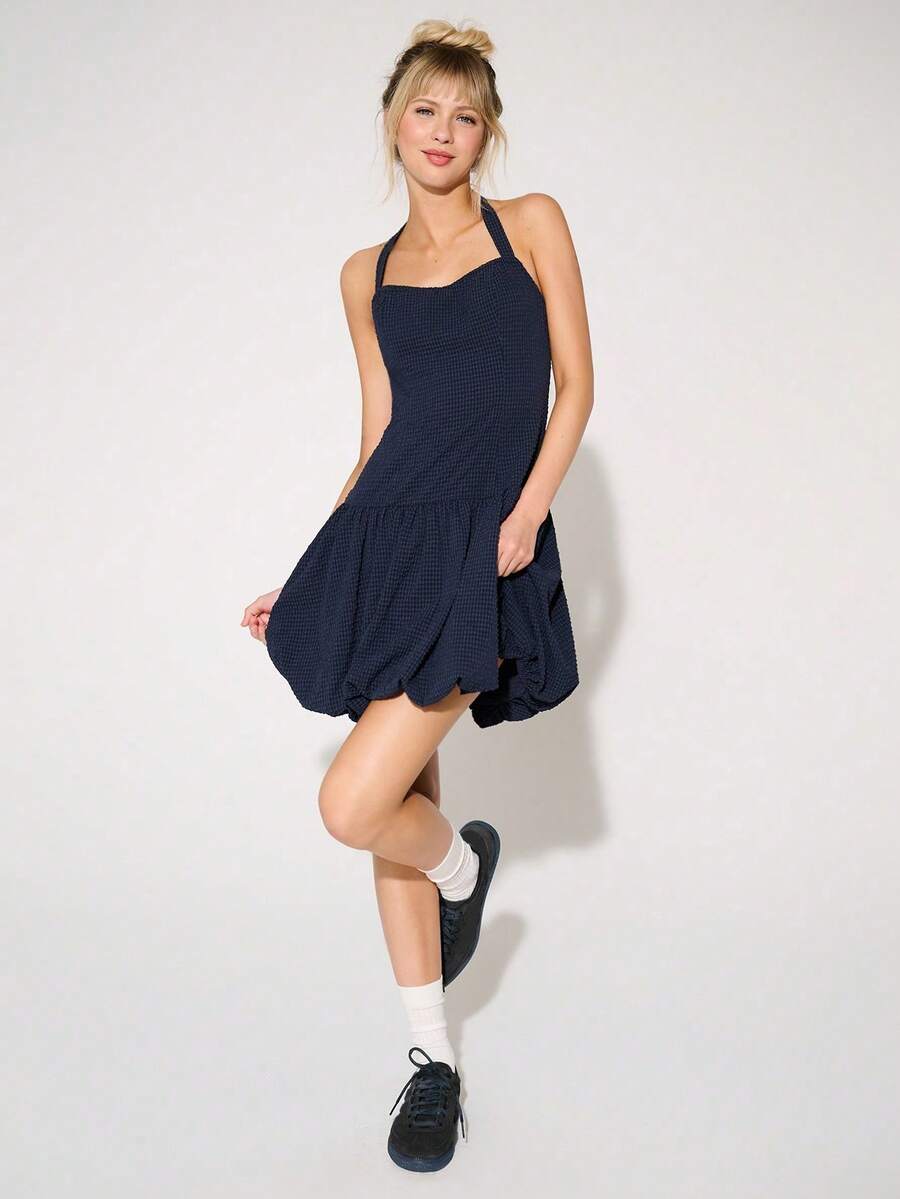 2026 Vestido corto de cuello halter con bajo abullonado - Negro - Ver 1