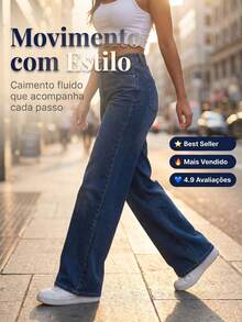 Women's Wide Leg Jeans, High Waist, Comfortable, Dark Blue - 深色水洗藍 - 查看 6