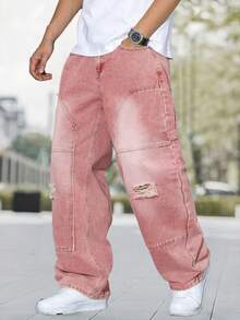 Men's Fashion Distressed Patch Embroidered Wide Leg Jeans - Pink - View 3