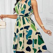Lady Vestido para mujer con estampado geométrico y lazo en la cintura, para uso en vacaciones de verano - Multicolor - Ver 10