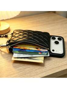 1 buah Dompet Koin & Kartu Kapasitas Besar Motif Belah Ketupat Kulit Quilted Mewah dengan Resleting, Tali Rantai Selempang, Kotak Pelindung Portabel untuk Wanita, Kompatibel dengan Apple/ Galaxy S24 Ultra/ 17 Pro Max/16 Pro Max/12 Pro/13/14 Plus/15 Pro Max - Hitam - View 3