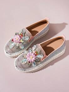 Women's Flat Slip-On Shoes With Sparkling Rhinestones, Casual Everyday Versatile Shoes - Pink - View 5