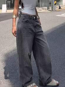 Jeans anchos de ajuste holgado y casual para mujer, versátiles para el uso diario y el estilo callejero en primavera - Gris Oscuro - Ver 5