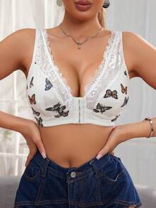 女款甜美碎花蕾絲前扣式胸罩 - 白色 - 查看 5