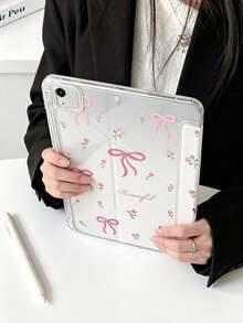 Cute Pink Bow Rose Pattern Tri-Fold Stand Transparent Hard Shell Protective Case With Pencil Slot Compatible With IPad 10/9/8/7/Air 5/4/Pro 11, Anti-Fall Protection - Multicolor - View 4