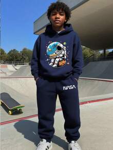 Tween Boy Cartoon Print Warm Hoodie And Sweatpants Set - Royal Blue - View 1