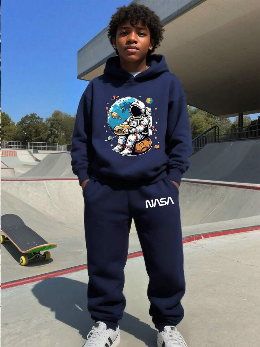 Tween Boy Cartoon Print Warm Hoodie And Sweatpants Set - Royal Blue - View 1