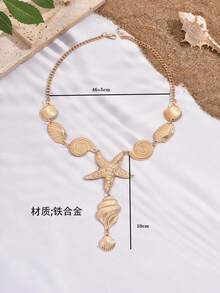 1 件不对称 Y 形海洋风格贝壳海星金属锁骨项链，度假珠宝 - 金黃色 - 查看 4