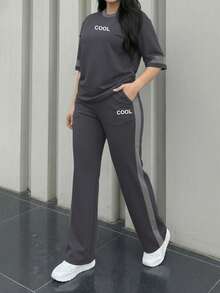 Women's New Round Neck Short Sleeve T-Shirt And Elastic Waist Loose Pants 2 Pieces Set, Suitable For Spring, Summer And Autumn - Dark Gray 23 - View 4