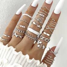22 Pieces/Set Of Fashionable Bohemian Style Rings, Hollow Flowers, Branches And Leaves, Pearl Fine Rings, Daily Gold Accessories Set For Women - Gold - View 2