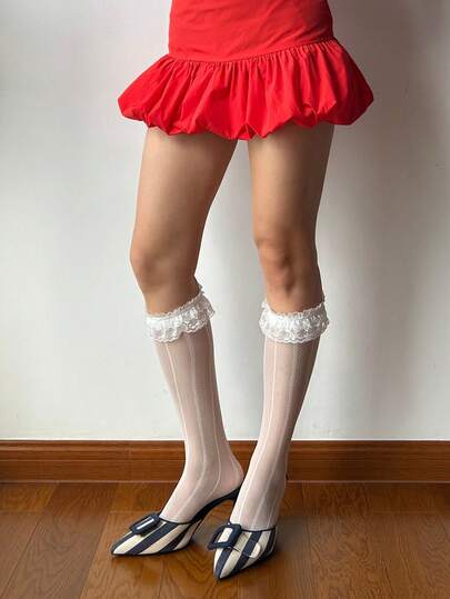 1 Pair Lace Trim Vertical Stripe Sheer Calf Socks, High Elasticity Hollow Knee-High Socks, Suitable For Sweet And Cute Style And Daily Party Wear