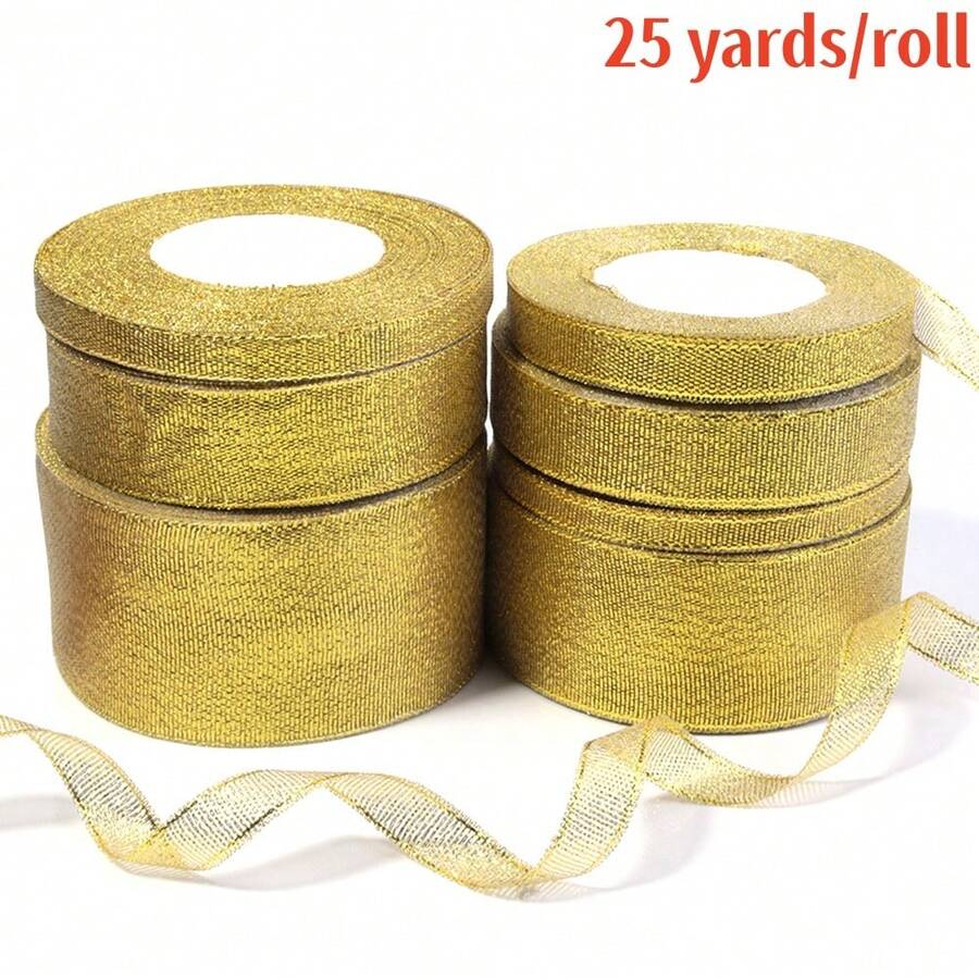 1 捲金色亮片緞面絲帶，聚酯纖維禮品包裝絲帶，DIY手工服飾家居裝飾蝴蝶結，適用於新年、生日、母親節、情人節、畢業、週年慶派對裝飾、禮盒、花卉