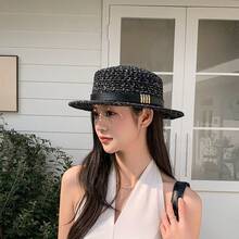 1pc French Style Flat Top Straw Hat Summer Outdoor Travel Face-Slimming Sun Hat Fashionable Sun Protection Hat - Multicolor - View 2