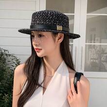 1pc French Style Flat Top Straw Hat Summer Outdoor Travel Face-Slimming Sun Hat Fashionable Sun Protection Hat - Multicolor - View 4