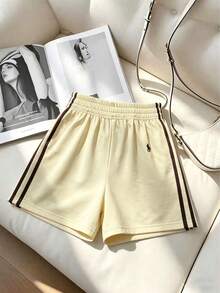 Solid Color Contrast Trim Elastic Waist Loose Shorts Summer - Light Yellow - View 12
