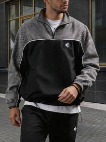 美式街頭復古格紋拼接半拉鍊立領夾克外套 - 黑色 - 查看 1