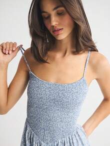 Striped Bandeau Strappy Dress With Open Back And Pockets, A-Line Length - Blue - View 3