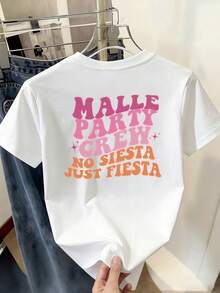 New Women's Top, Perfect For Island Carnival Parties, Featuring The Letter Print 'MALLE PARTY CREW NO SIESTA JUST FIESTA', Casual Short-Sleeved Crew Neck Sports Top - 白色 - 查看 2