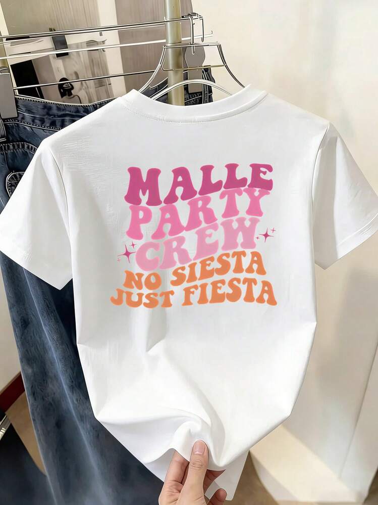 New Women's Top, Perfect For Island Carnival Parties, Featuring The Letter Print 'MALLE PARTY CREW NO SIESTA JUST FIESTA', Casual Short-Sleeved Crew Neck Sports Top - White - View 2