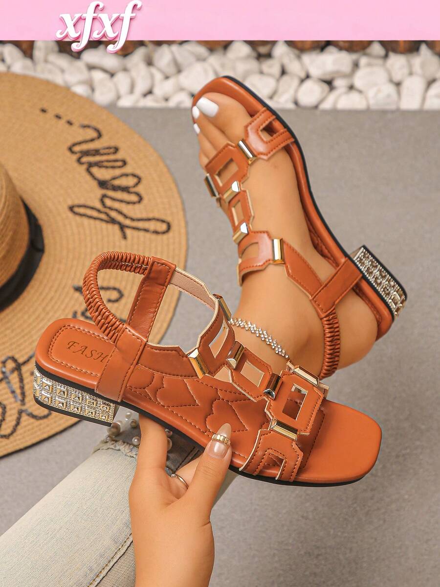 1 Đôi Sandal Cao Gót Nữ Màu Cam Khóa Kim Loại Đính Đá Kim Cương, Phù Hợp Đi Làm Hàng Ngày, Hẹn Hò, Đi Biển Và Các Dịp Khác - trái cam - Xem 1