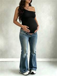 Blusa de maternidad de color liso con hombro asimétrico, casual y versátil para uso diario, negro, verano - Negro - Ver 1