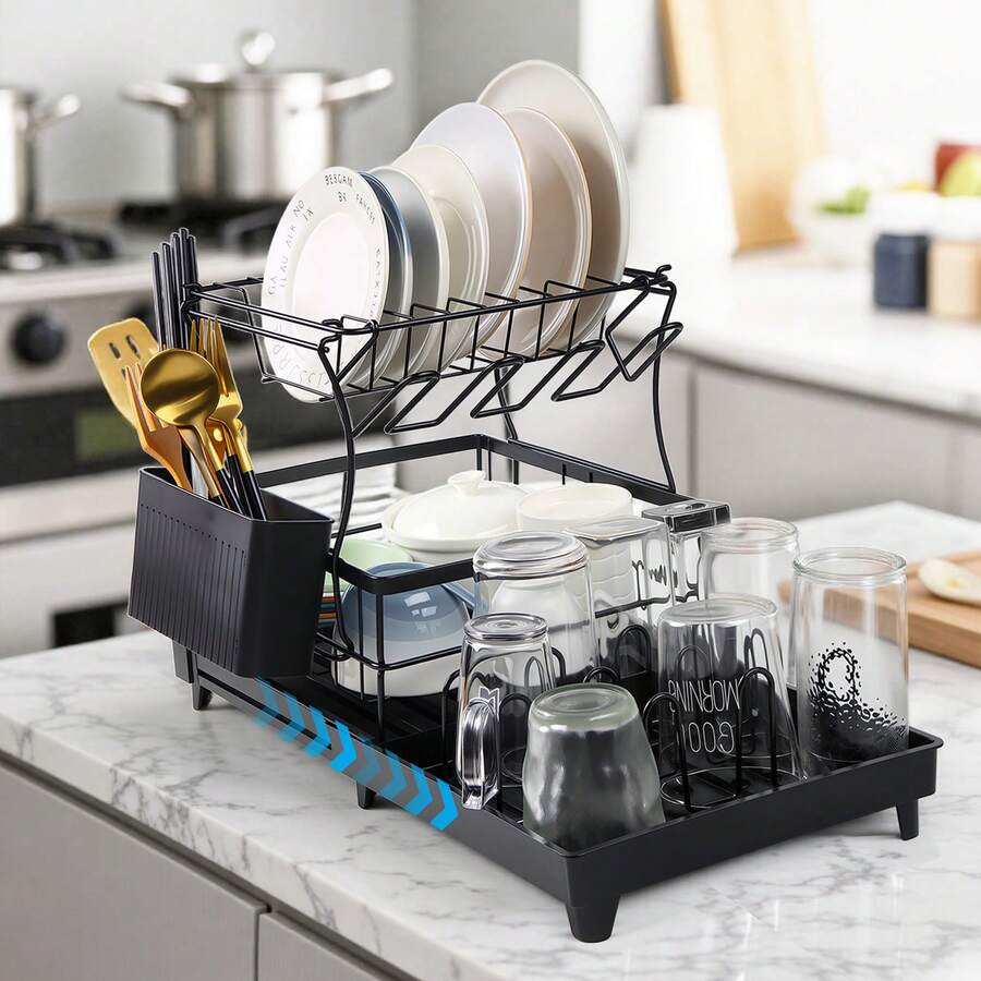 Piorlado 2 Tier Dish Drainer Rack - Dish Rack With Utensil Holder For Kitchen Counter, Large Capacity Space-Saving Dish Drying Rack With Draining Board, Extendable, Black - Black - View 1
