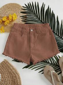 Shorts vaqueros casuales sueltos y versátiles para mujer con bolsillos y dobladillo deshilachado - Marrón - Ver 1