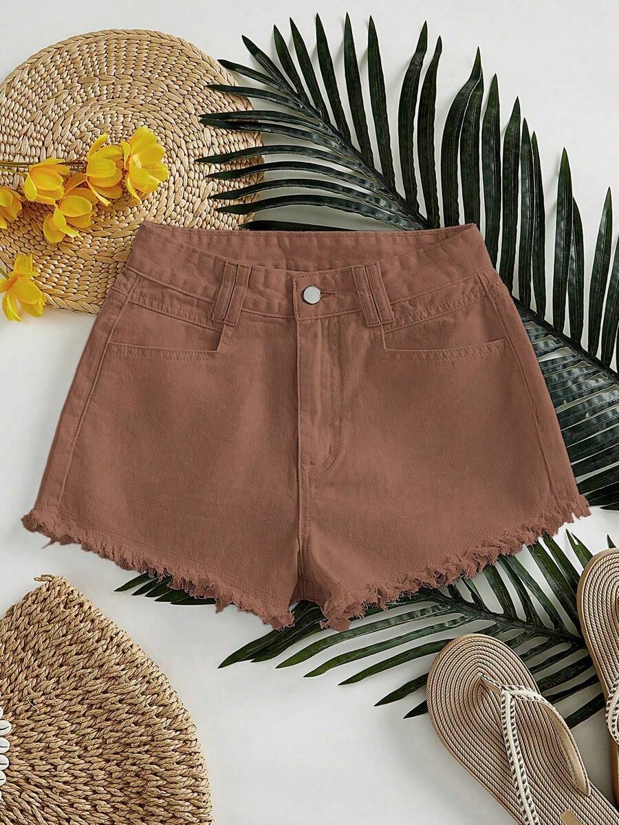 Shorts vaqueros casuales sueltos y versátiles para mujer con bolsillos y dobladillo deshilachado - Marrón - Ver 1