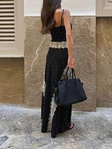 Vestido Largo Mujer de Lunares con Encaje Escote V Tirantes Finos Abertura Asimétrica Elegante para Boda y Fiesta - Negro - Ver 4