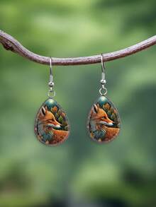 1 Pair Cartoon Elegant Fox Pattern With 316 Stainless Steel Water Drop Ear Hooks, Vintage Minimalist Style Suitable For Women's Daily Gift Wearing Jewelry Ear Accessories, Elegant Minimalist Style Women's Suitable For Daily Vacation Wearing Jewelry Ear Accessories - Burnt Orange - View 2