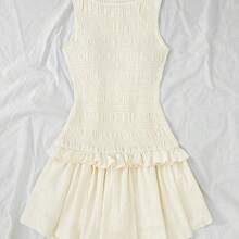 Fengyu Women's Clothing Store Vestido mini de mujer de punto con volantes en el bajo y sin mangas de un solo color - Burdeos - Ver 6