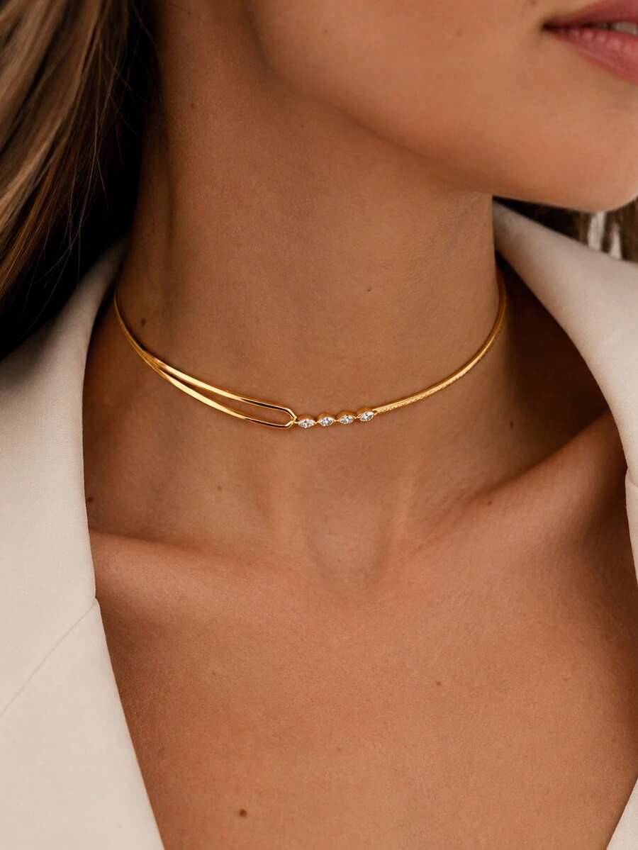outingfit 1pc European And American Style New Minimalist U-Shaped Rhinestone Choker Necklace, Fashionable Personalized Premium Feel Choker For Women - Geometry - View 1