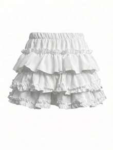 Cream White Frill Trim Skirt, High Waist Slimming Ballerina Tutu Skirt For Summer - White - View 7