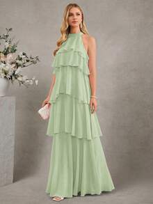 Vestido largo y fluido con cuello de halter y volantes en capas de color rosa elegante para vacaciones de verano - verde menta - Ver 1
