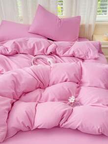 Blue And White Color Block Washed Polyester Skin-Friendly 3 PiecesDuvet Cover Set - Pink - View 3
