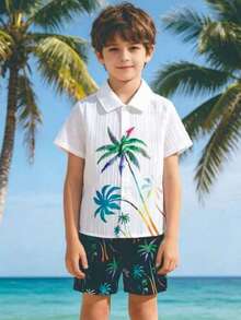 2pcs/Set Boys Casual Outgoing Fashion Random Print Decor Button Design Lapel Short Sleeve Top And Elastic Waist Random Print Shorts, Spring/Summer - White - View 1