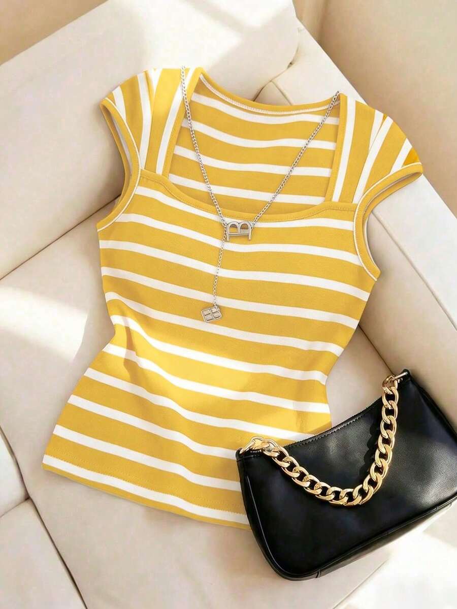 Camiseta de punto de rayas ajustada, estilo minimalista francés, top casual de manga corta, ideal para fiestas, primavera/verano - Amarillo - Ver 1