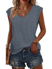 3pcs Solid Color Plus Size V-Neck T-Shirts, Casual Short Sleeve T-Shirts Spring/Summer, Women's Clothing - Black + White + Gray-blue - View 5