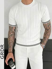 Camiseta de manga corta de punto acanalado de cuello redondo simple para hombre GRDR - Uso diario casual - Blanco - Ver 3