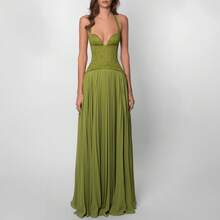 2026 New Women Sexy Halter Open Back Deep V Neck Waist Cinched Ruffle Sleeveless Bodycon Midi Dress Summer Party Clubwear - 綠色 - 查看 1