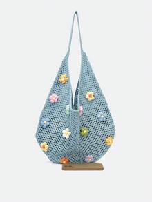 Dedoo 女款鉤編波西米亞托特包，手工花卉貼飾，鏤空針織紋理，大容量，休閒夏季海灘肩背包，適合日常使用 - 藍色 - 查看 4