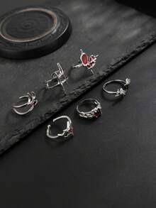 6piezas/Set Conjunto de Anillos Huecos con Pedrería para Hombres, Elegante & Lujoso, Exquisito & Brillante, Adecuado para Atuendos de Estilo Callejero de Lujo Ligero - Plateado - View 3