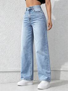Women's Loose Stretch Washed Blue Wide Leg Jeans, All Season Commute Daily Versatile Denim Pants - Light Blue - View 4