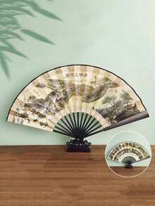 1pc New Chinese Style Ink Wash Folding Fan Maple Bridge Night Mooring / Ink Bamboo / Along The River During The Qingming Festival Double-Sided Printed Folding Fan - Multicolor - View 10