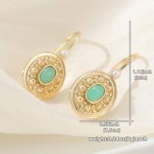 Vintage Copper Handmade Carved Earrings, Inlaid With Faux Turquoise, Women's Bohemian Style Ear Jewelry - Gold - View 2