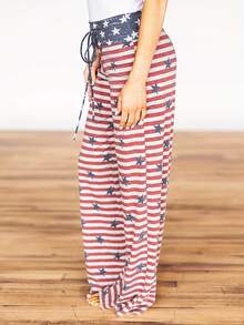 Nuevo modelo 2026:Pantalones con estampado de la bandera estadounidense y estilo casual de pierna ancha. - Albaricoque - Ver 4