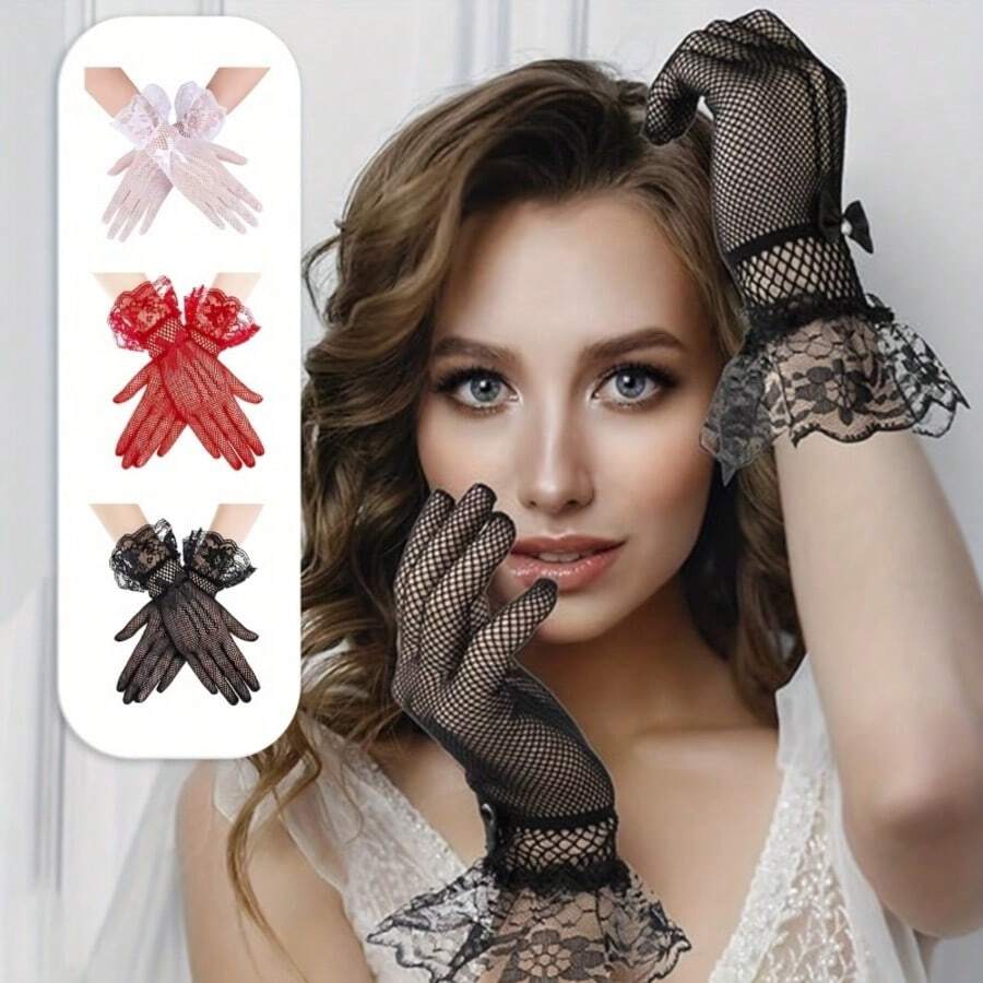 1 Pair Women's Elegant Vintage Lace Gloves | Long Arm Length, Soft Floral Pattern, Suitable For Weddings, Tea Parties, Balls And Various Formal Occasions - Available In White, Red, Black, Exquisite Craftsmanship, Essential Accessory For Ball Outfits - Multicolor - View 1